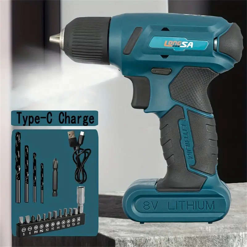 8V Cordless Electrical Drill Set USB Rechargeable 1300mAh Li-Ion Battery LED Light Forward/Reverse A