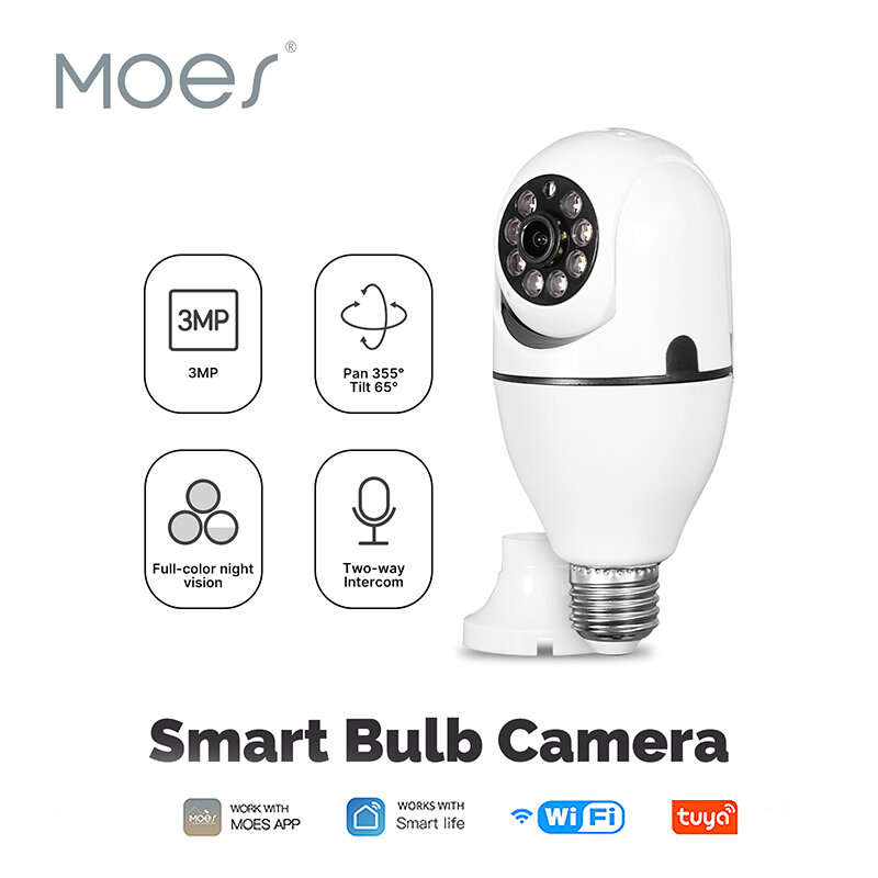 MoesHouse E27 3MP HD Tuya Smart WiFi Bulb Camera Full Color Night Vision PTZ Cam Auto Tracking Motio