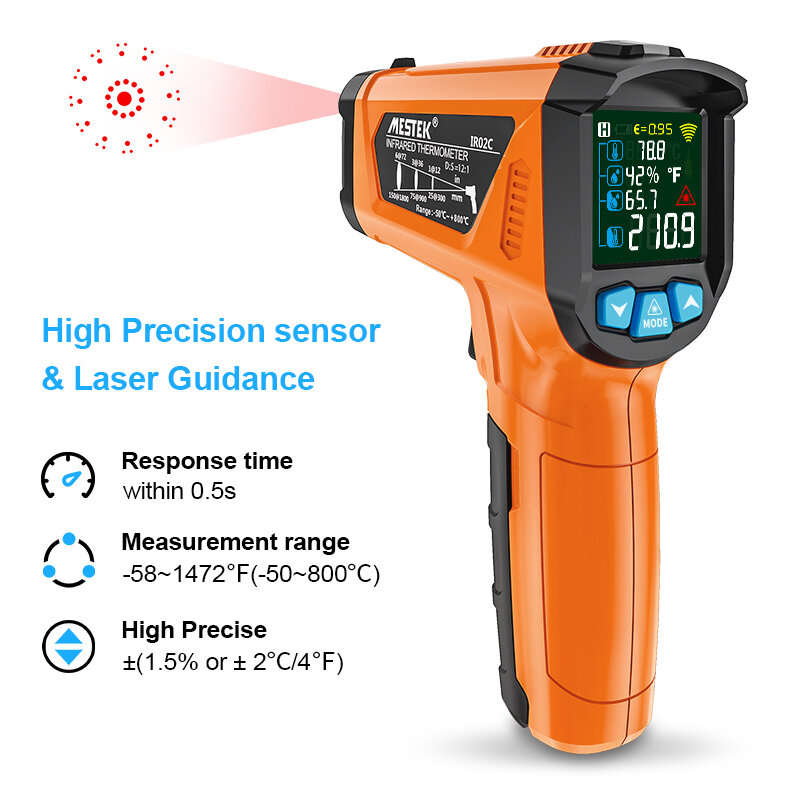 MESTEK Advanced Infrared Thermometer IRO2C Wide Temperature Range (-50C to 800C) Adjustable Emissivi