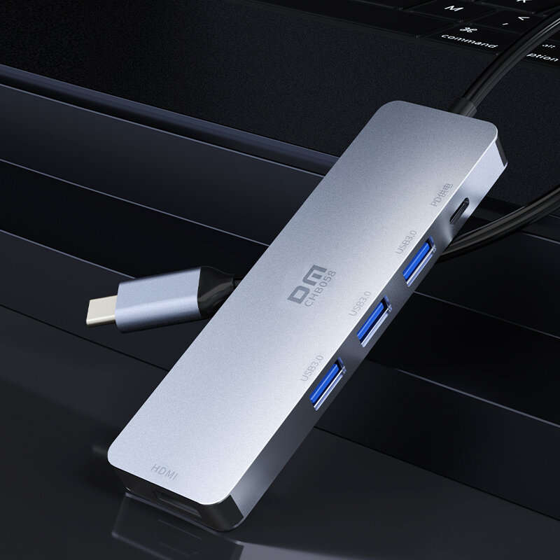 DM CHB058 5-in-1 USB3.0 Hub Docking Station USB Adapter with USB3.0*3 USB-C PD Charging 4K HDMI for