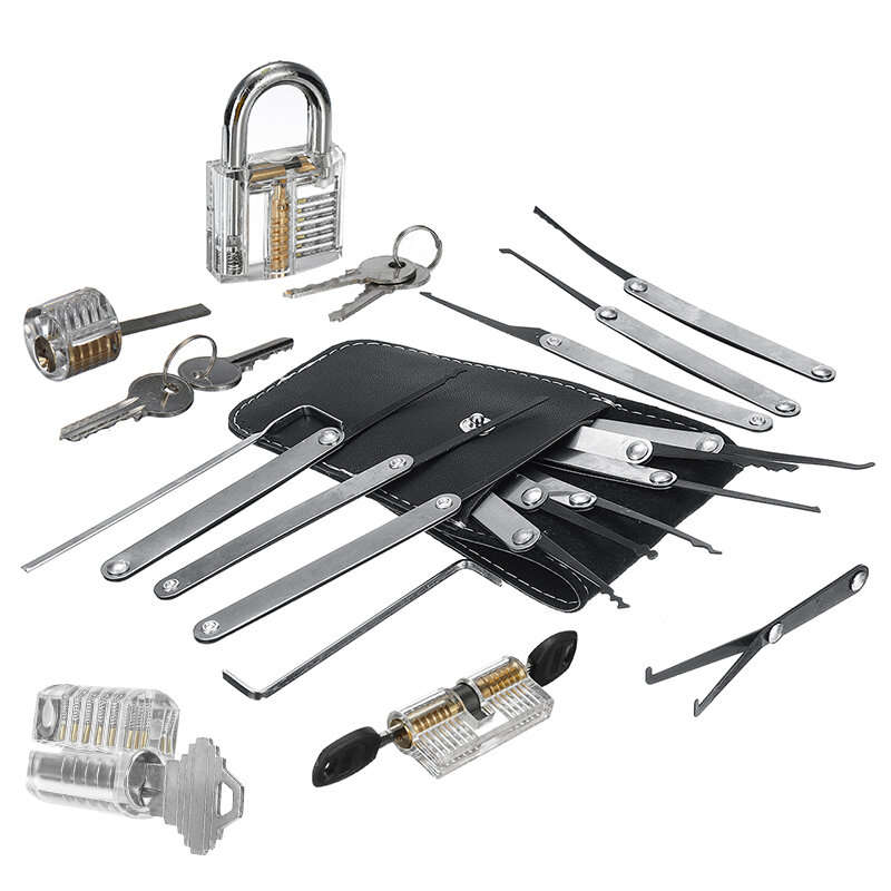 19PCS Locksmith Practice Lock Set with 4 Transparent Padlocks and 15 Precision Tableting Tools Sprin