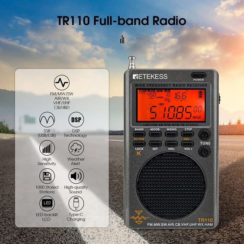 Retekes TR110 Radio Portable SSB Shortwave Radio FM/MW/SW/LSB/AIR/CB/VHF/UHF Full Band NOAA Alert Di