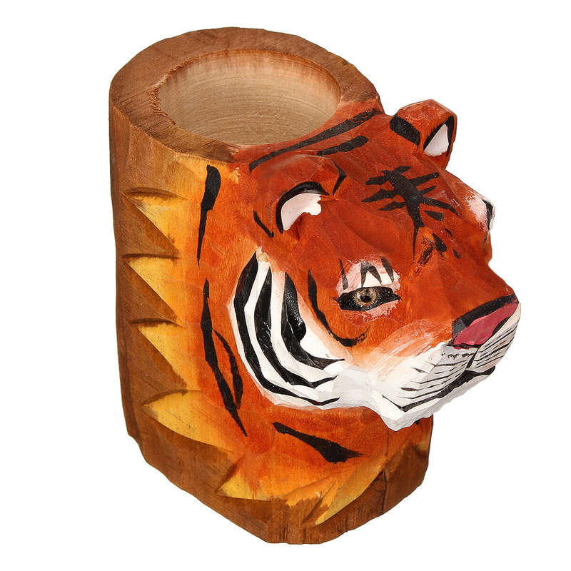 Animal Types Pen Holder Creative Hand Carved Wooden Pen Holder Lion Tiger Owl Dog Pattern Pen Organi