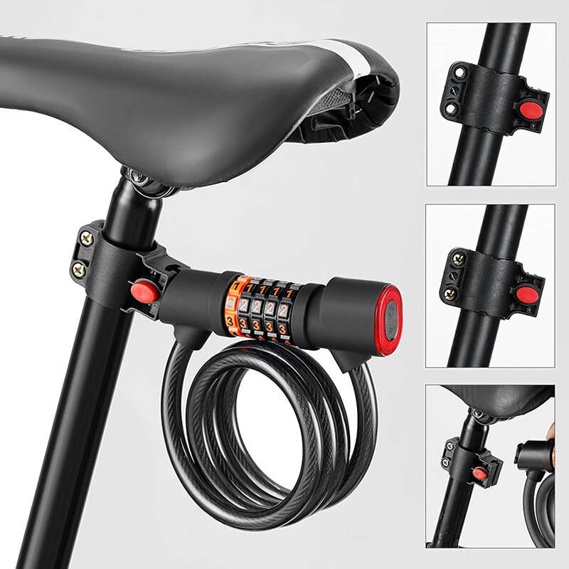 XANES Bicycle Steel Cable Lock 5 Digit Password High Security with Taillight Thicken Anti-Theft Safe