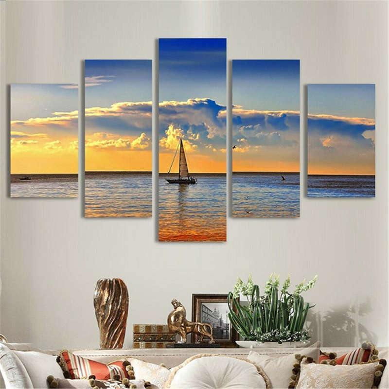 5Pcs Sunset Sailing Boat Canvas Print Paintings Wall Decorative Print Art Pictures Frameless Wall Ha