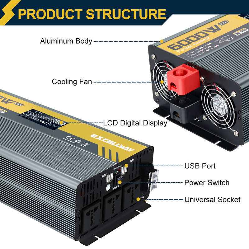 Excellway 1000/2000/3000/4000/6000W(Peak) Car Power Inverter 220V 60Hz DC 12V/24V Converter with LCD