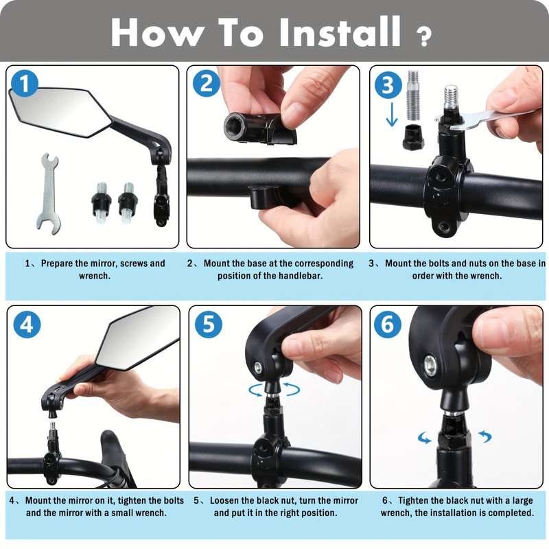 2pcs Bike Handlebar Mirrors For Bicycle Ebike Scooter Snowbike Adjuatable Wide Angle Rear View And 3