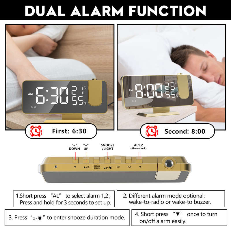 AGSIVO 7.4" LED Digital Projection Alarm Clock With FM Radio / Rotating Projector / Mirror Surface /