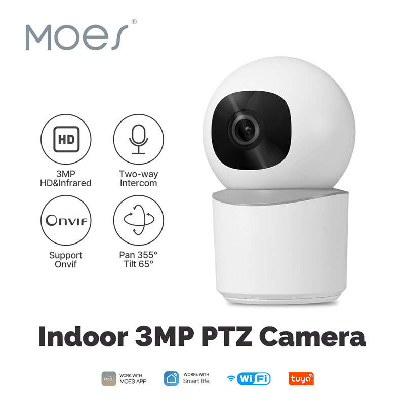 MoesHouse Tuya WiFi Indoor PTZ Security Camera 3MP HD Infrared Night Vision Motion Tracking Two-way