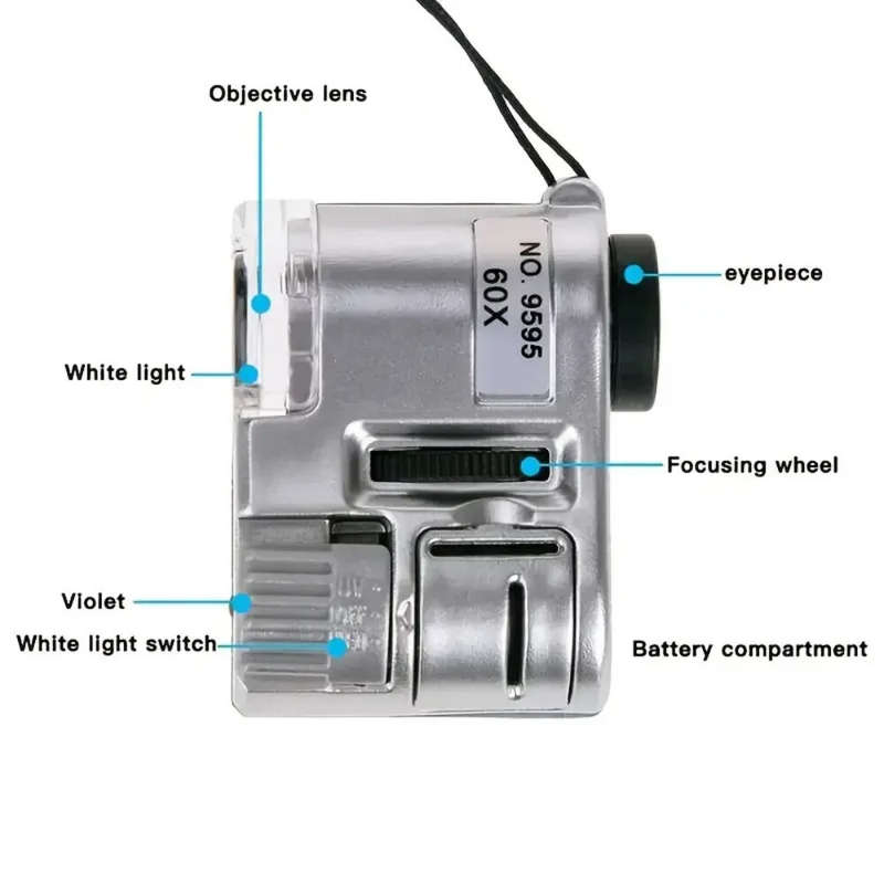 60X Handheld Mini Pocket Magnifier with UV and LED Light Portable Jeweler Microscope Magnifying Glas