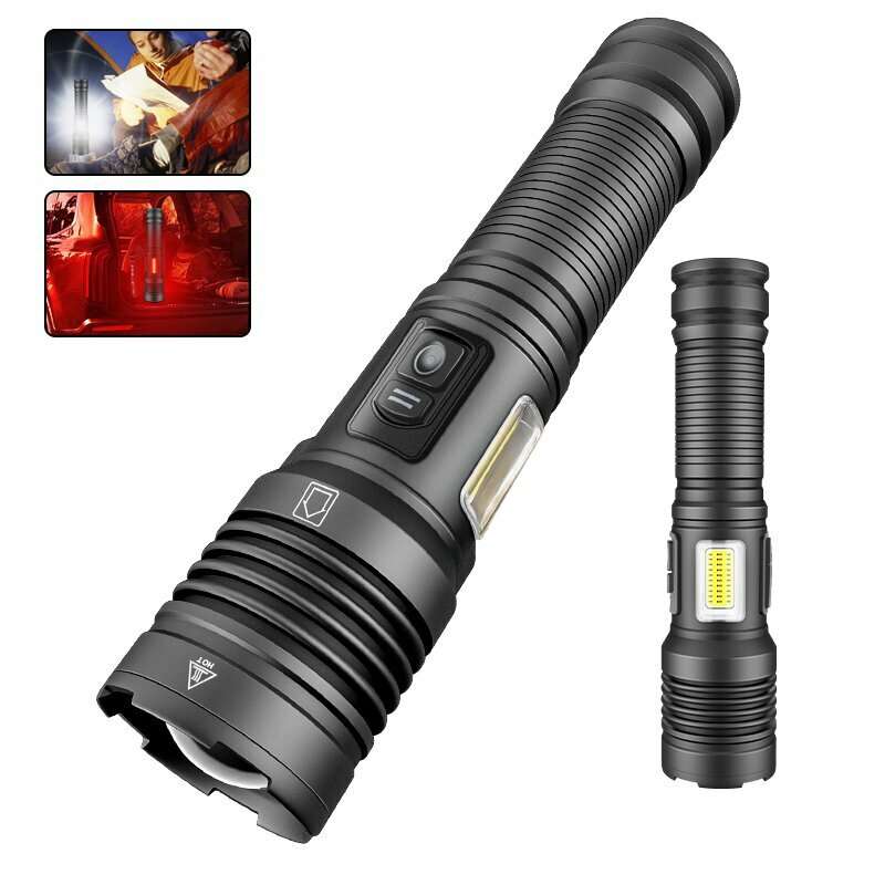 6502B XHP70 Super Bright Zoomable Power Bank LED Flashlight with COB Side Light Hunting Red Blue Lig