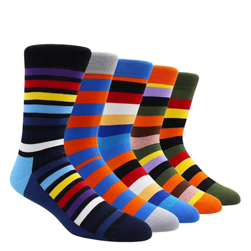 5 Pairs Men's Cotton Stripe Socks Funny Crew Bright Color Block Personality Mid Long Tube Skateboard