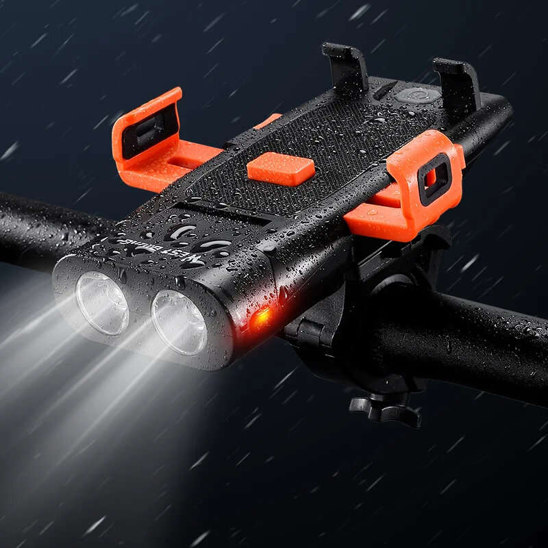 WEST BIKING 5 IN 1 500Lm Brightness Bike Headlight 3000mAh Battery Waterproof 4 Light Modes Power Ba