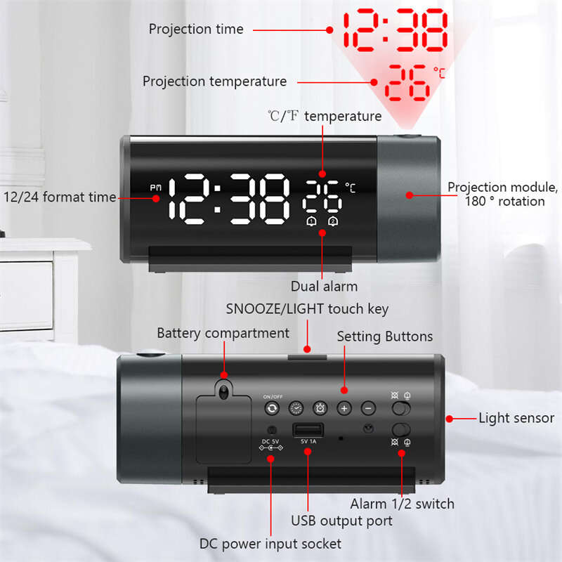 ZX1006A Digital Projection Alarm Clock with Temperature Time 180Rotation LED Display Dual Alarm Cloc