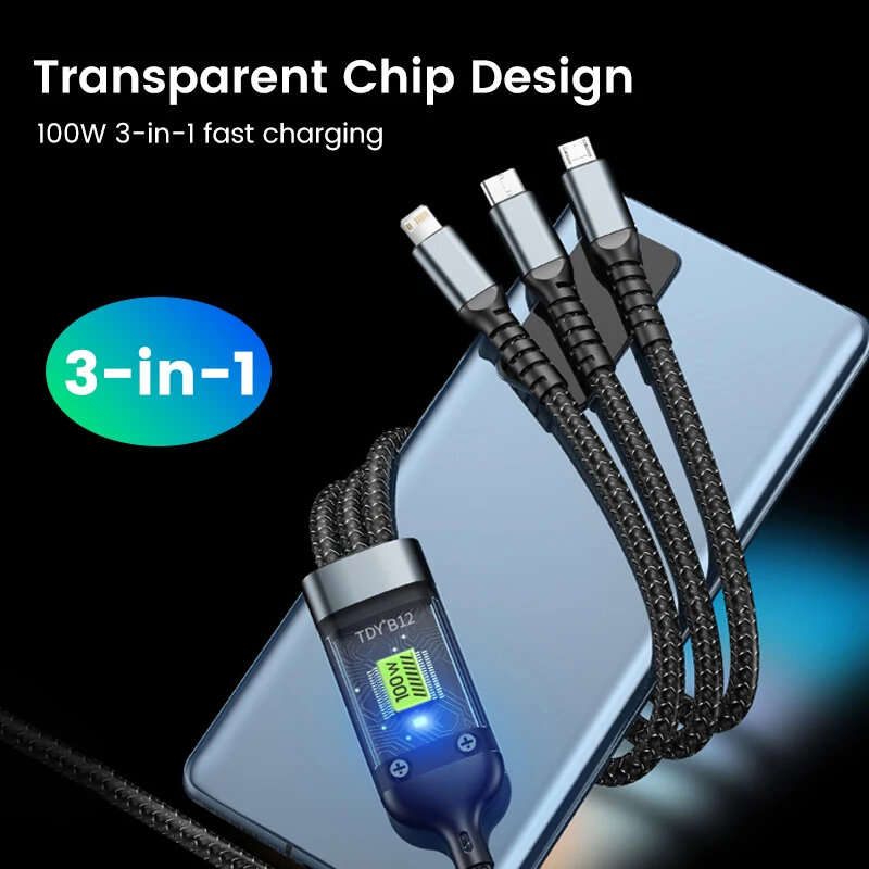 100W USB-A to Micro/Type-C/iP Cable with Night Light Fast Charging Copper Core Line 1.2M Long for iP