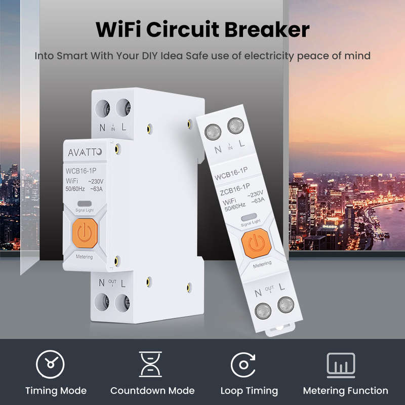AVATTO Tuya WiFi Smart Circuit Breaker Switch With Metering 63A 1P Smart Life App Timer Module Suppo