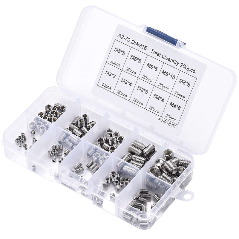 200pcs 304 Stainless Steel Set Screw M3 M4 M5 M6 M8 Allen Head Socket Hex Grub Screw Set Cup Point A