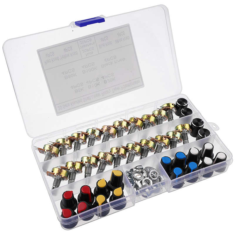 20PCS Single Potentiometer B5k/10k/20k/50k/100k Black White Blue Red And Yellow Knob Cap Set Boxed K