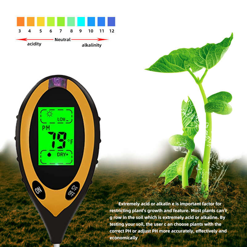 Digital 4 In 1 Soil PH Meter Moisture Monitor Temperature Sunlight Tester for Gardening Plants Farmi