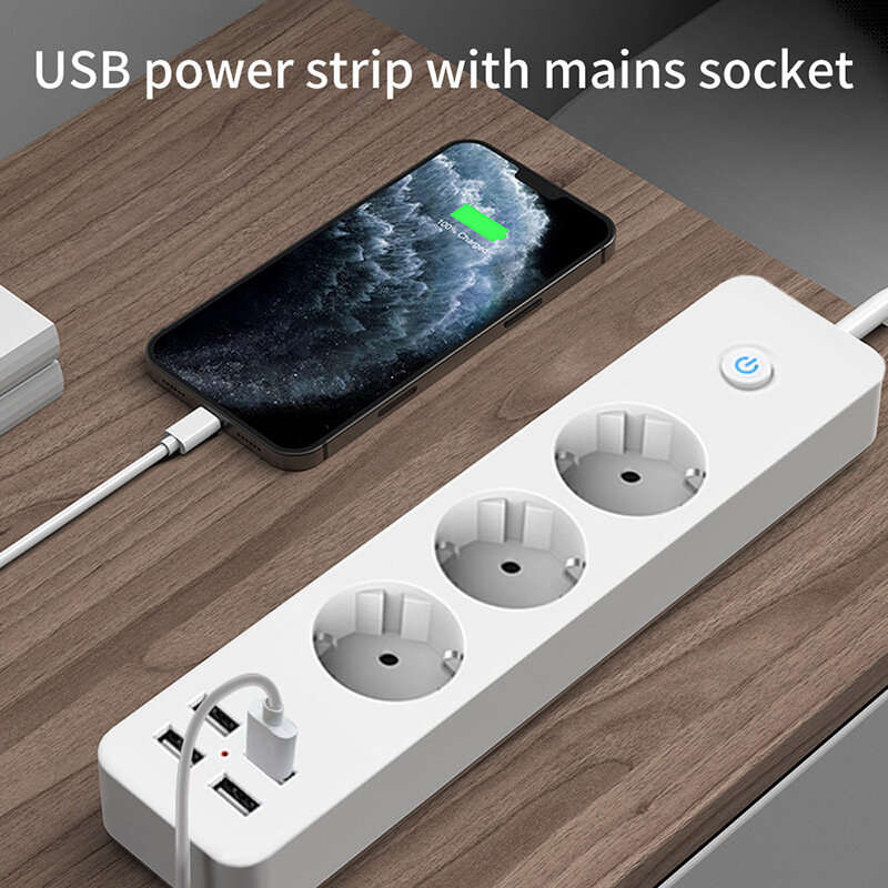 SFC08-1 2200W 10A EU Power Socket with 3 Outlets & 4USB Power Strip with 1.8M Extension Cord