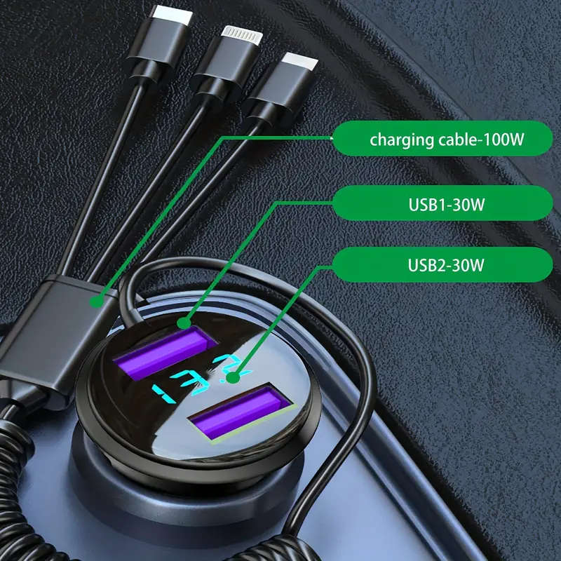 5 In 1 160W Car Fast Charger QC3.0 Fast Charging Voltage Display USB Type C Fast Phone Charger For i