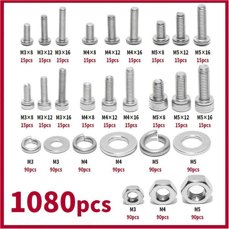 1080pcs Nuts And Bolts Assortment Kit M3 M4 M5 M6 Screw Set Button Head & Socket Head Metric Screws