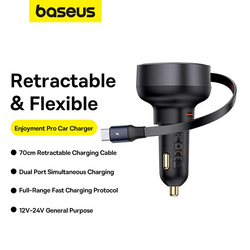 Baseus Enjoyment Pro 60W 1-Port USB Car Charger Built-in Retractable Type-C Cable Support QC3.0 2.0