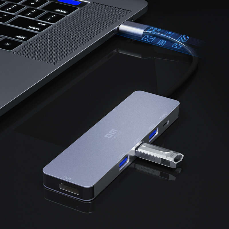 DM CHB058 5-in-1 USB3.0 Hub Docking Station USB Adapter with USB3.0*3 USB-C PD Charging 4K HDMI for