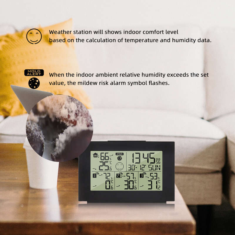 One for Three Digital Thermometer Hygrometer Alarm Clock Wireless Indoor Weather Station Dual Alarm