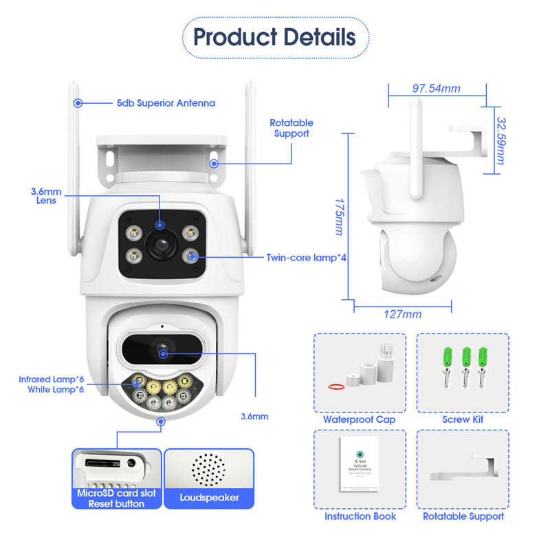 3K 6MP Dual Lens Outdoors WiFi Security Camera HD Night Vision Motion Detection Auto Tracking Waterp