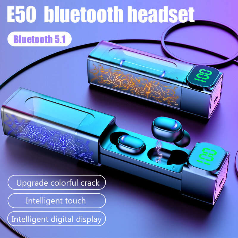 E50 TWS bluetooth 5.1 Earphone HiFi 9D Stereo Panoramic Sound CVC8.0 Noise Cancelling Waterproof LED