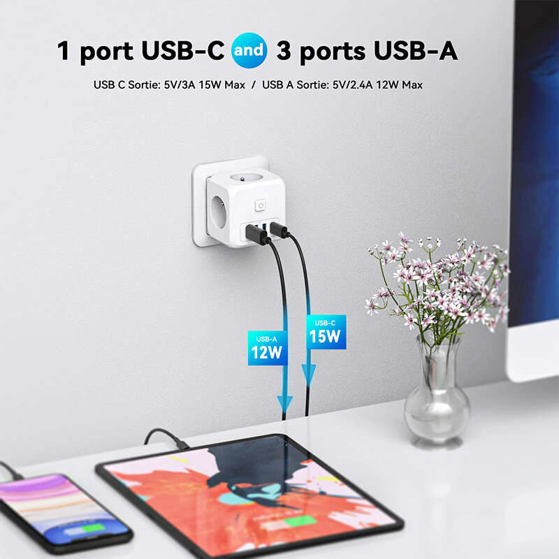 Essager 4000W 7-Port Power Strip with 3 AC Outlets+3 USB-A+USB-C Fast Charging Wall Charger Adapter