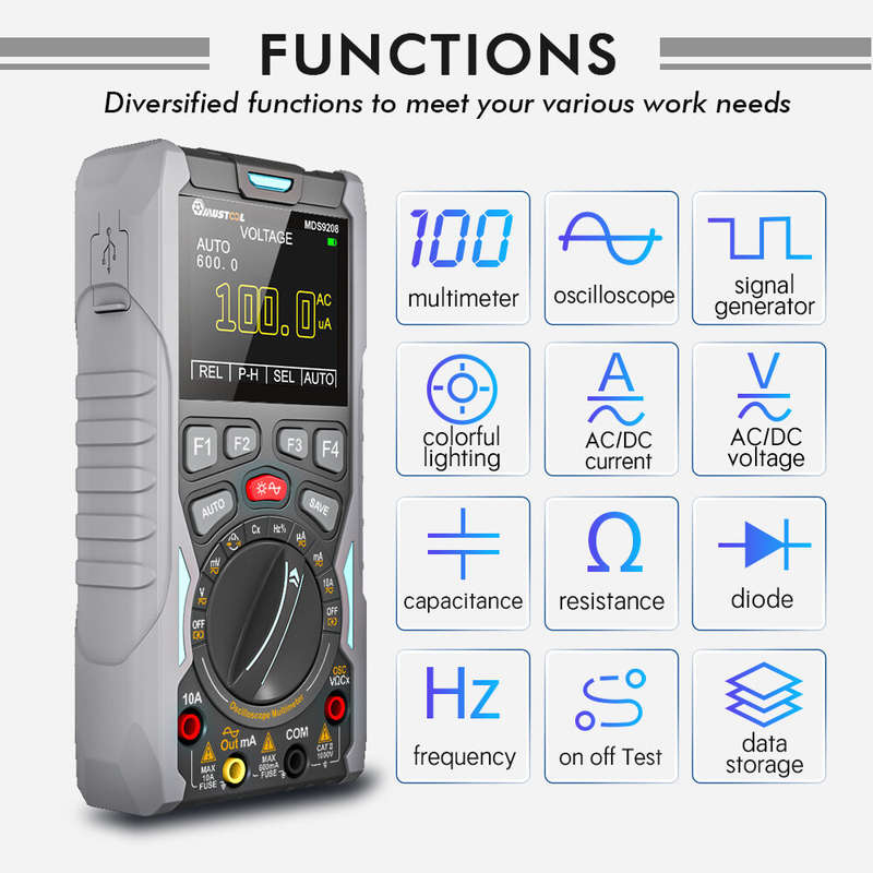 2023NEW MUSTOOL MDS9208 3In1 Oscilloscope Multimeter Signal Generator 12MHz 50Msps Portable High Sto