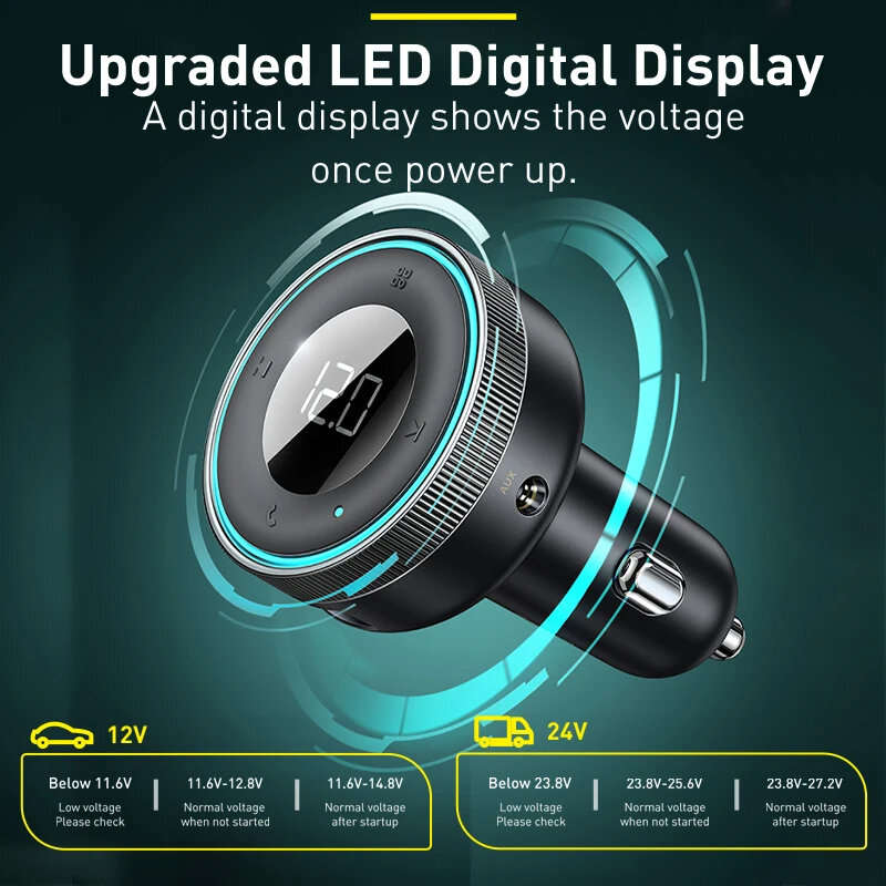 Baseus CCLH-01 bluetooth V5.0 FM Transmitter Dual USB Car Charger LED Digital Display Wireless Radio