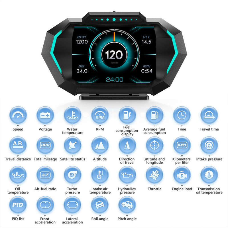 Car Head Up Display OBD+GPS Speedometer with 5 Alarm Functions Tachometer Water Temp Fuel Consumptio