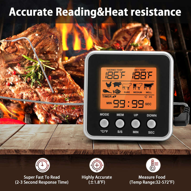 AGSIVO Digital Food Oven Meat Thermometer With Probe Timer Alert Backlight Outdoor Grill Cook Barbec