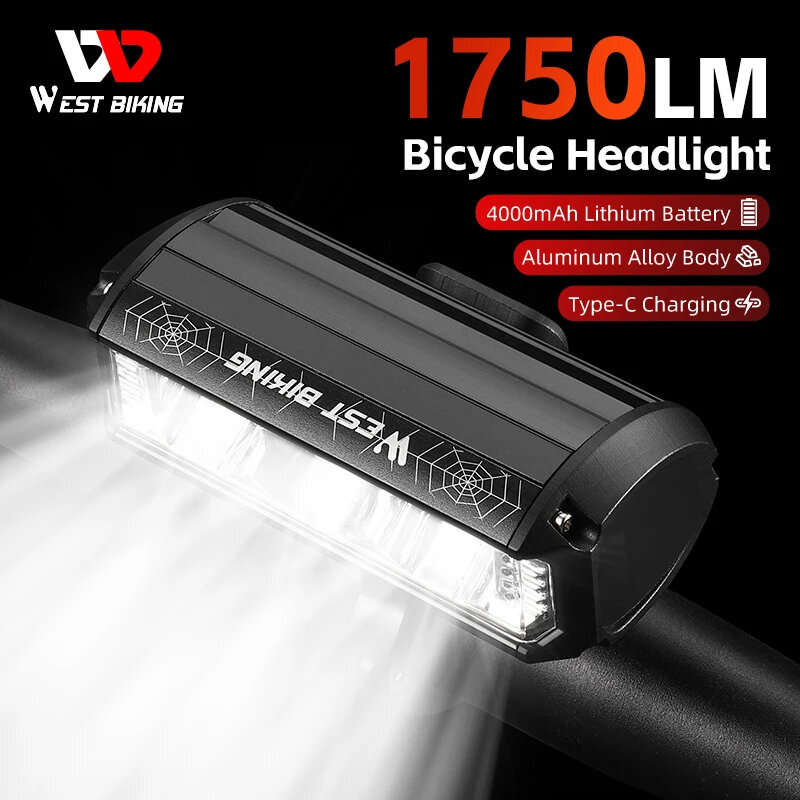 WEST BIKING 1750Lm Super Brightness Bike Headlights 4000mAh Battery Waterproof 4 Light Modes Type-C