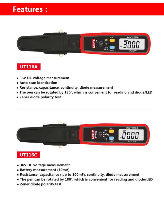 UNI-T UT116A SMD Tester Meter Multimeter Rotatable Tweezer 3000 Counts Resistance Capacitance LED Di