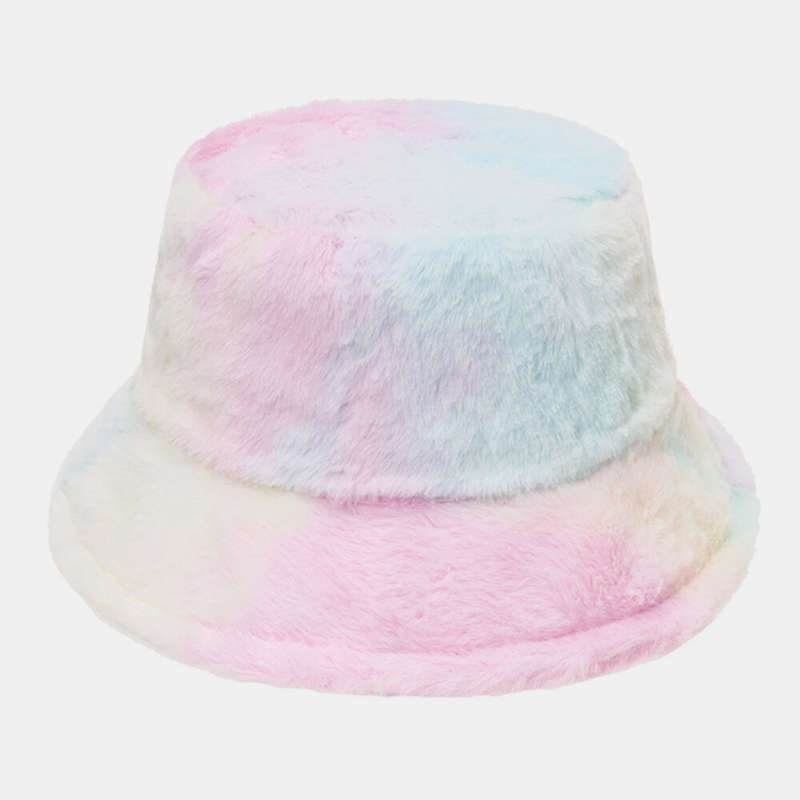 Unisex Rabbit Hair Color Gradient Rainbow Plush Warm All-match Casual Outdoor Bucket Hat