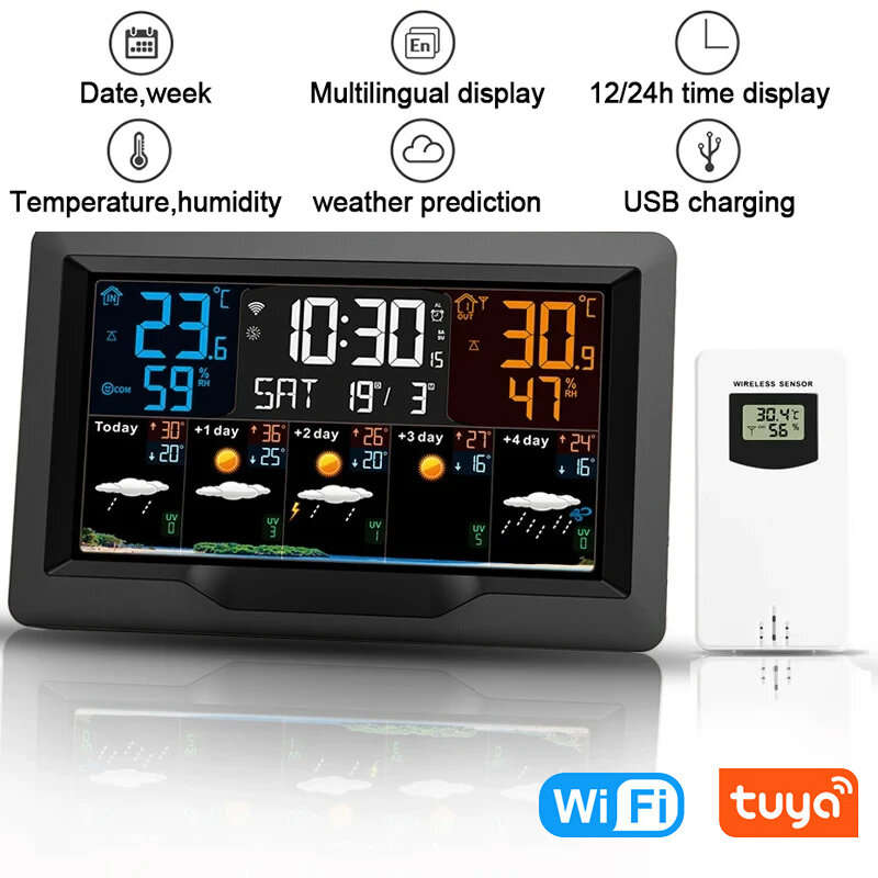 Tuya WIFI Smart Weather Station Color Screen APP Control Weather Alarm Clock Indoor and Outdoor Temp