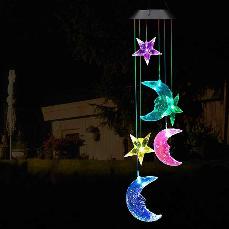 Star Moon Solar Wind Chimes Light Color Changing Gift Portable Hanging Waterproof Mobile Romantic Wi