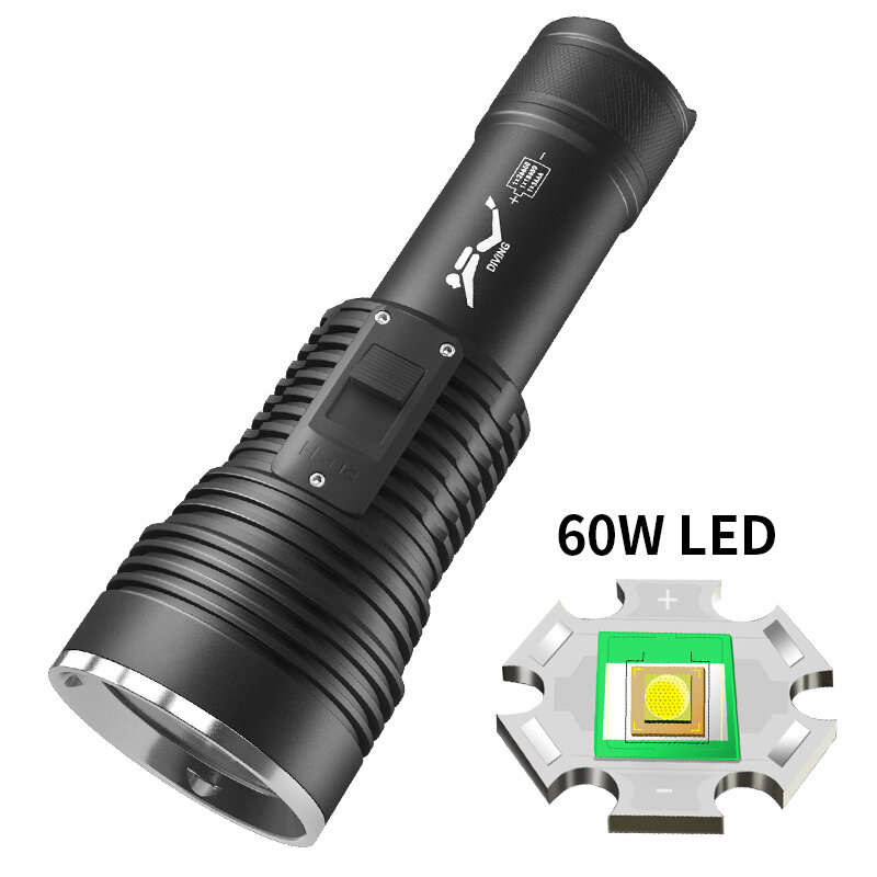 60W Cool White Dive Light Scuba Diving FlashTorch 1500 Lumens Super Bright IPX8 Waterproof Rechargea