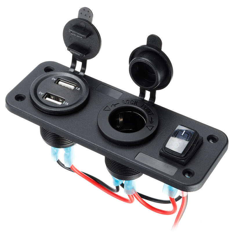 3 in 1 Dual USB Charger LED Voltmeter 12V 24V Power Socket On-Off Switch Panel Black Marine Dual USB