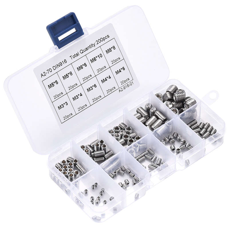 200pcs 304 Stainless Steel Set Screw M3 M4 M5 M6 M8 Allen Head Socket Hex Grub Screw Set Cup Point A