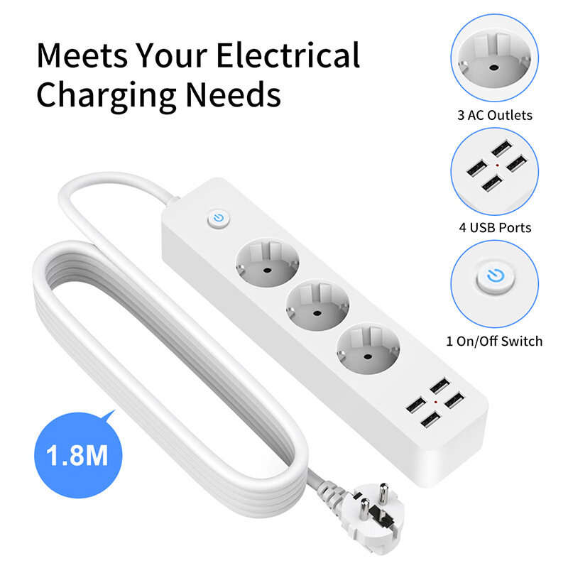 SFC08-1 2200W 10A EU Power Socket with 3 Outlets & 4USB Power Strip with 1.8M Extension Cord