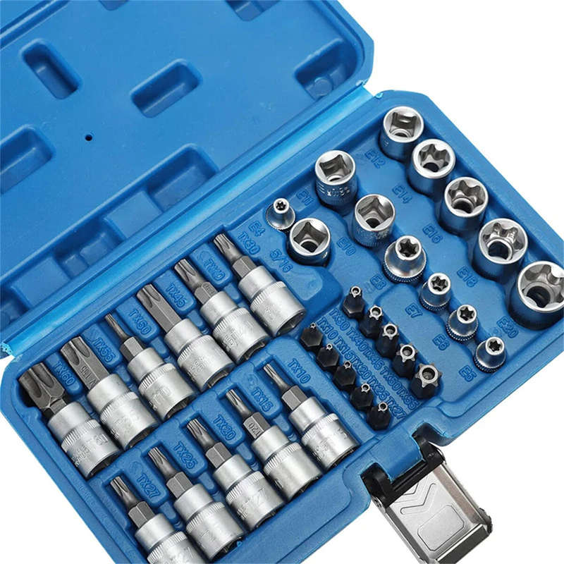 34PCS Torx Bit Socket and E-Torx Star Socket Set 1/4 3/8 1/2 Drive Chrome Vanadium Steel with Storag