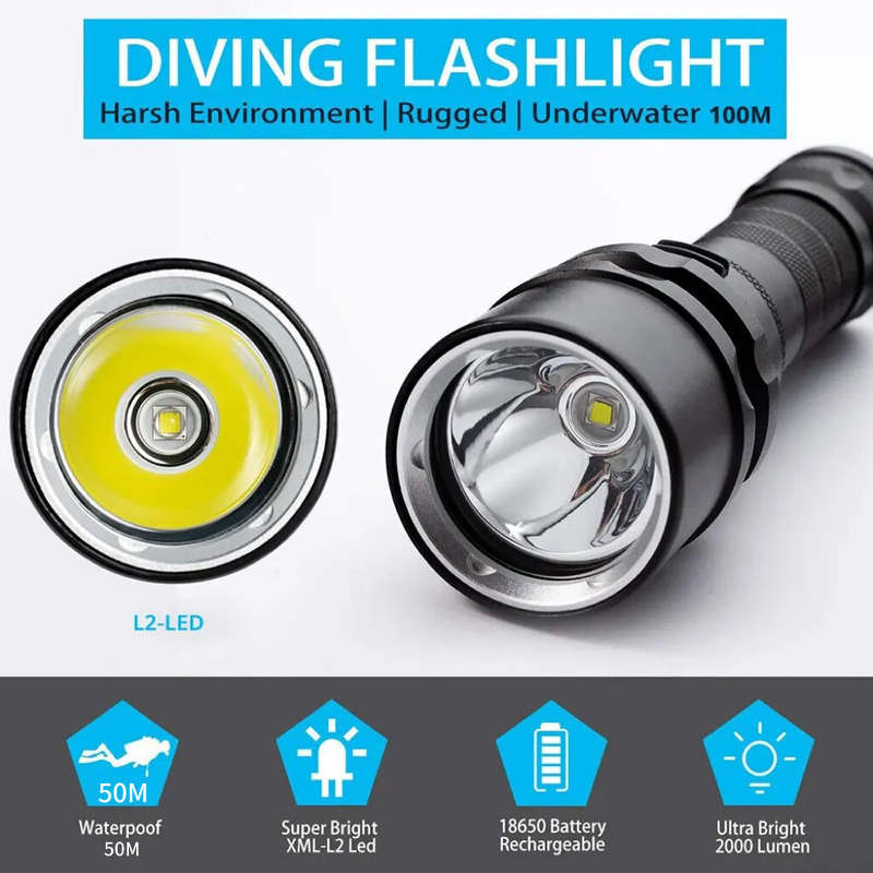 High Power Diving Flashlight IP68 Waterproof Professional Dive Lights 18650 Battery for Deep Sea Und
