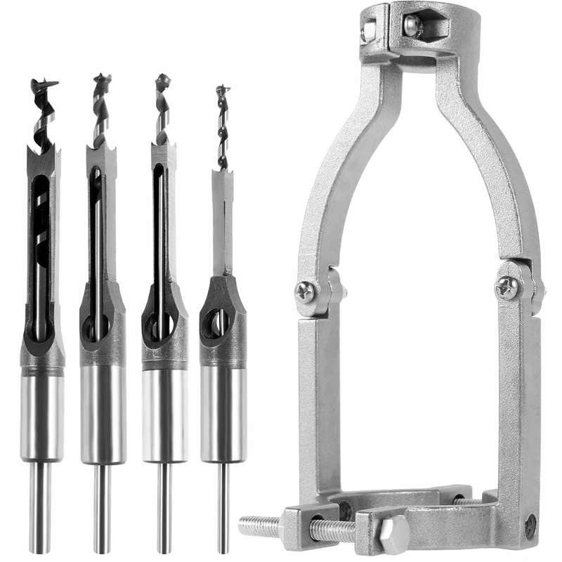 Square Hole Drill Bit Adapter with 4 Drill Bits Carbide Square Hole Drill Fixing Bracket Precise Woo