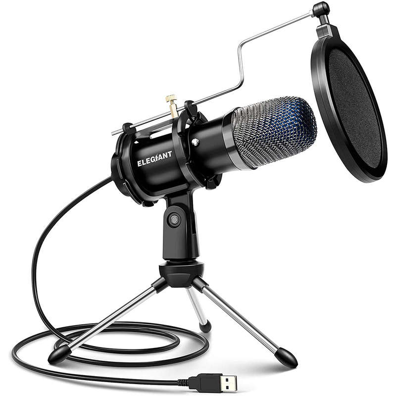ELEGIANT EGM-04 Computer Microphone USB Wired Condenser Gaming Microphone with Tripod Stand & PopFil