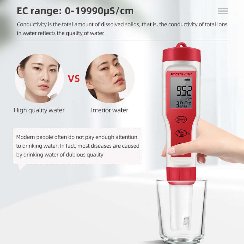 4 in 1 PH Meter PH/TDS/EC/Temperature Meter Digital Water Quality Monitor Tester for Pools Drinking